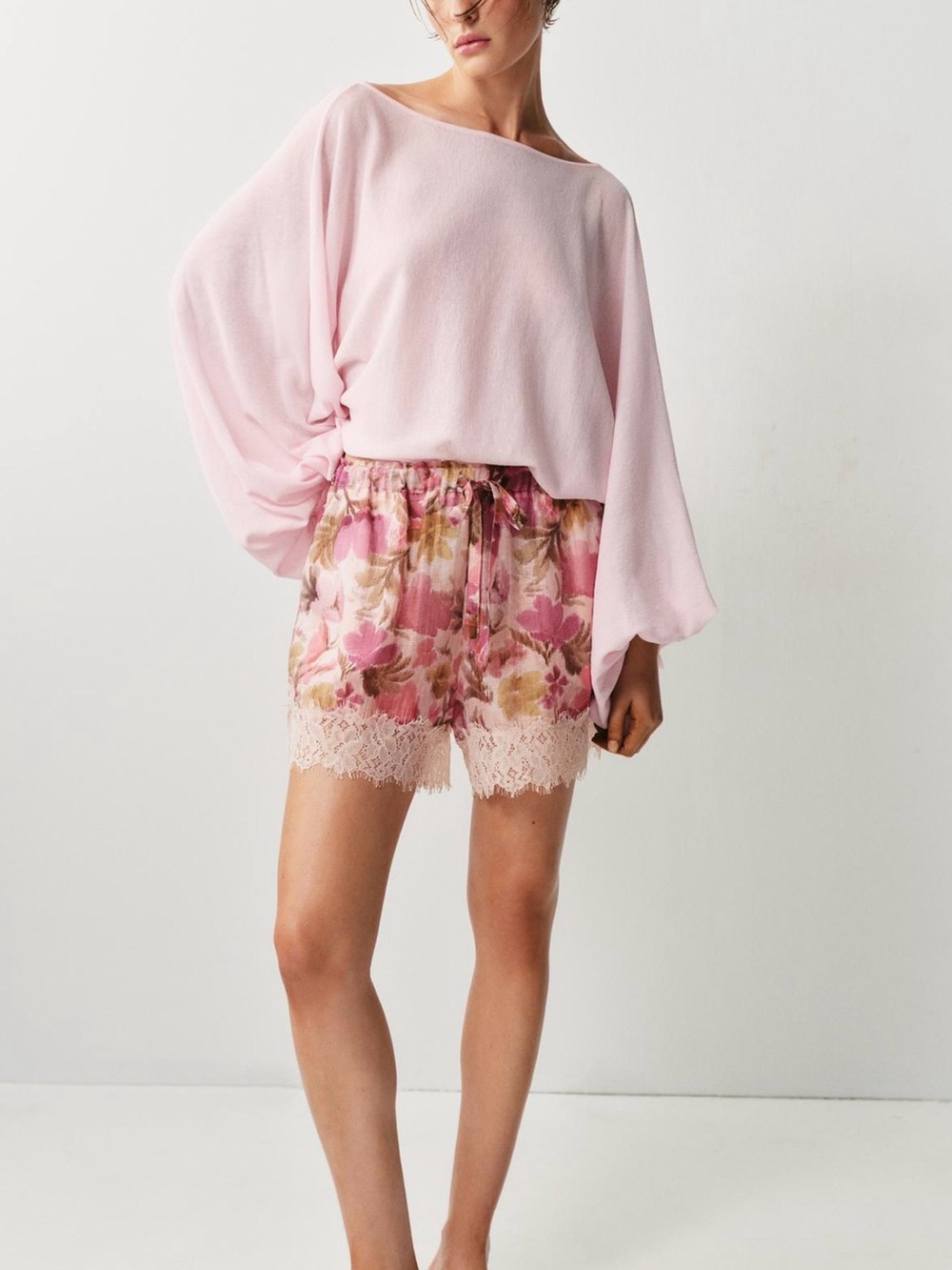 Zara Pink Floral Lace-Trim High Waist Shorts